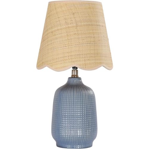 19" Modern Ceramic Table Lamp for Living Room Gray Blue Base Desk Lamps for Bedroom Farmhouse Bedside Nightstand Lamp End Table Lamps,Bule,Rattan Shade
