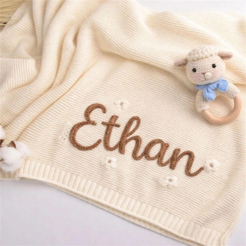 Personalized Embroidered Knit Baby Blanket, Organic Cotton Heirloom Nursery Keepsake