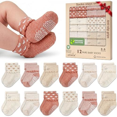 GOTS Certified Organic Cotton Infant Baby Socks 12 Pair For 0-6 (M) Baby Boy Soft, Stretchable & Comfortable Infant Socks, Premium Boys Cotton Socks, Gift for Newborn Boys, Peach & Beige