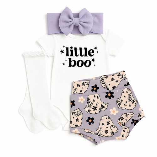 Boho Ghost Baby Girl Outfit: Little Boo Bodysuit, Bummies, Bow & Socks
