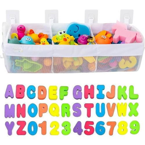 Large Bath Toy Organizer with Letters and Numbers – 3 Compartment Bath Toy Holder for Bathtub & Shower – Quick-Dry Mesh with 4 Strong Adhesive Hooks