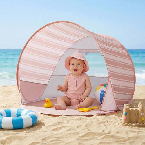 Pop Up Baby Beach Tent with UPF 50+ UV Protection Canopy Portable Sun Shade for Infants Pink Stripes