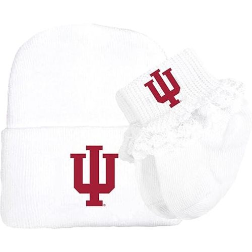 Indiana Hoosiers Officially Licensed Newborn Baby Knit Cap and Socks Set with Lace White