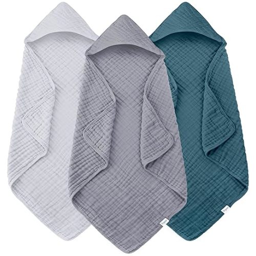 Muslin Hooded Baby Bath Towels - 3 Pack 100% Cotton Ultra-Soft Towels for Newborns, Infants, Toddlers - 32x32 Inch - Highly Absorbent, Quick-Dry Essentials for Bath, Beach, Pool, Grey Blue Series