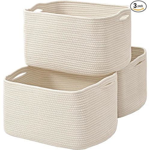 Large Storage Baskets for Organizing Shelves, Woven Cotton Rope Bins for Baby Nursery Organization, Book Toy Towel Organizer, 17"x13"x9.5", 3 Packs, Off White