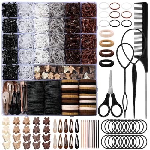 Brown Hair Accessories for Girls, 2194 Pcs Neutral Color Elastic Hair Ties Set with Rubber Bands Baby Hair Clips Bobby Pins Hair Styling Tools Hair Tie Cutter Hair Stuff for Toddler Kids