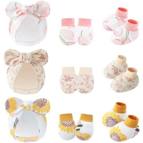 9 Pieces Newborn Baby Hat No Scratch Mittens and Socks Set Cotton Infant Hair Bow Turban Beanie Cap