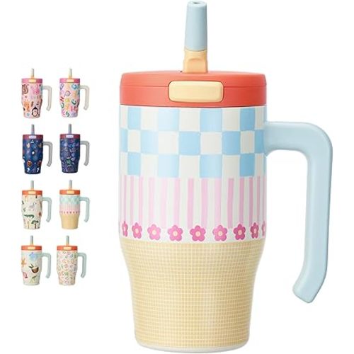 Fijinhom 18 oz Toddler Tumbler with Handle, Stainless Steel Insulated Water Bottle Coffee Mug with Straw, Toddler Cups, Kids Water Bottle for School, Sports, Travel, Checkered Petal