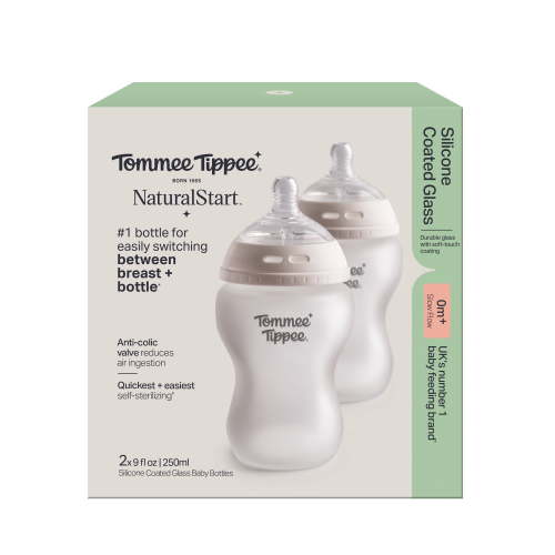 Tommee Tippee Natural Start Silicone Coated Glass Baby Bottles for Feeding from Newborn Up, 9oz, 2 pack