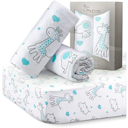 Crib Sheets for Baby Boys and Girls, Unisex, Ultra Soft Jersey Knit Cotton, Fits Standard Crib and Toddler Mattresses, Size 28in x 52in, 2 Pack Set, Mint Elephants & Mint Animals Nursery Sheet