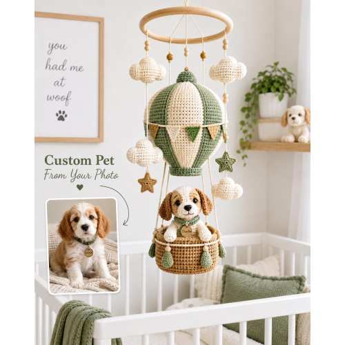 Custom Pet Mobile, Crochet Dog Hot Air Balloon Crib Mobile, Personalized Pet Nursery Decor, Baby Shower Gift