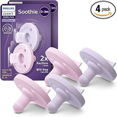 Philips Avent Soothie Baby Pacifiers - 100% Silicone Pacifiers for Babies 0-3 Months, One-piece Design, BPA-Free, Extra Durable, Lilac and Pink, 4 Pack, Model SCF190/70