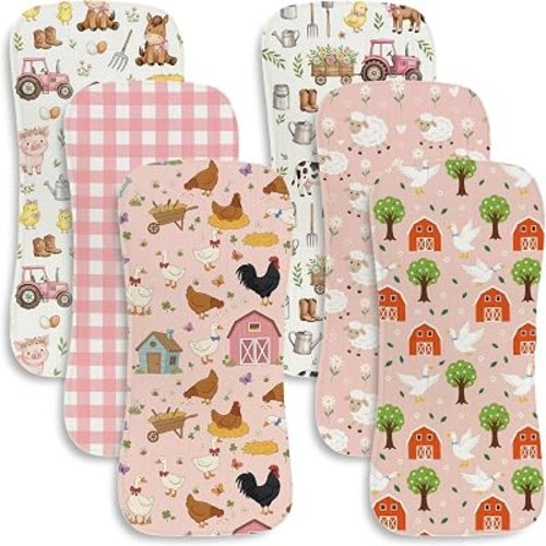 6 Pack Baby Burp Cloths for Girls, Pink Farm Animal Theme Large Cotton Absorbent Burping Rags for Newborn, Soft Contoured Spit Up Cloths with Barn Tractor Print, Western