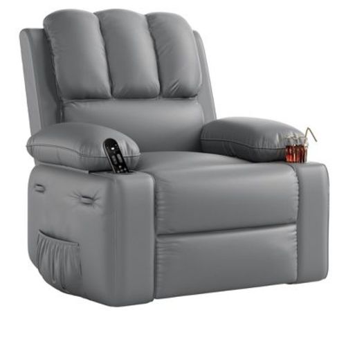 Large Recliner Chair for Adults with Cup Holders - 21.2" Wide PU Leather Manual Recliner, Thick Sponge Sofa for Living Room & Nursery, Grey