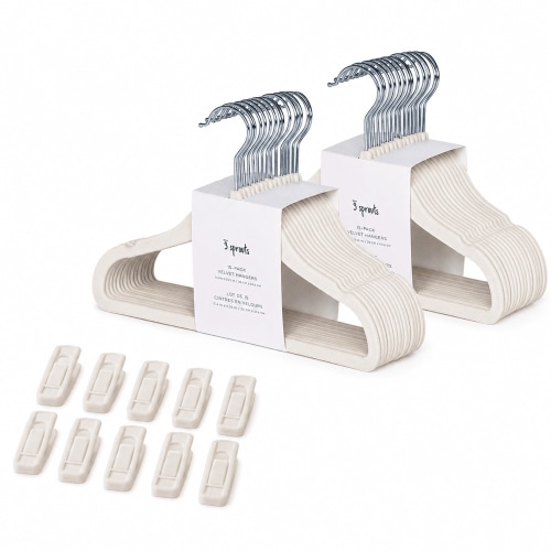 3 Sprouts Baby Velvet, Non-Slip Clothes Hangers - Pack of 30 with 10 Clips - Cream