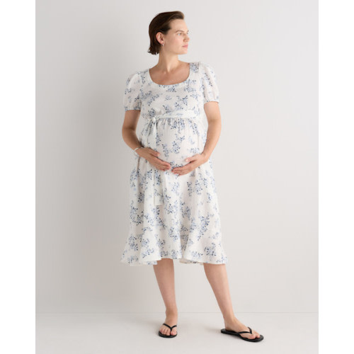 100% European Linen Maternity Short Sleeve Midi Dress in Ivory Porcelain Blue Petite Floral