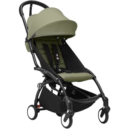 Stokke YOYO3 Stroller from 6 Months - Includes Black Frame/Olive Seat Cushion + Canopy - Folds in & Out in a Flash - Light & Compact - Carry-On Compatible