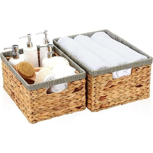 Wicker Baskets for Storage, Water Hyacinth Storage Baskets with Built-in Handles, Wicker Storage Baskets for Shelves, Large Wicker Baskets for Organizing 2 Pack, Natural with Grey, Size L & M