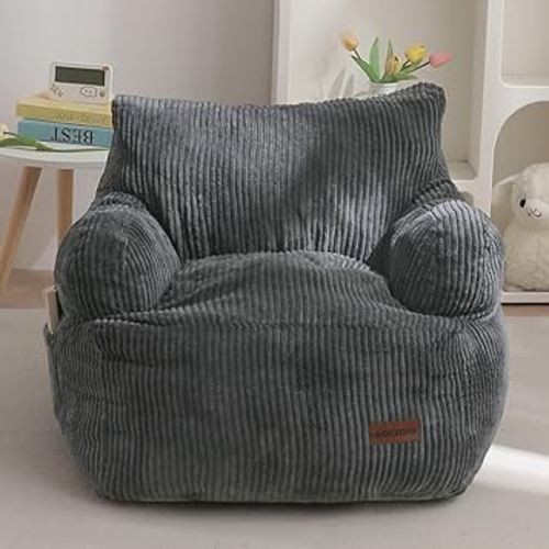 MAXYOYO Kids Bean Bag Chair, Stuffed Toddler Bean Bag Sofa with Filler Bean Bag Chair for Boys and Girls, Lazy Sofa with Pocket Floor Chair for Gaming, Reading, Dark Grey