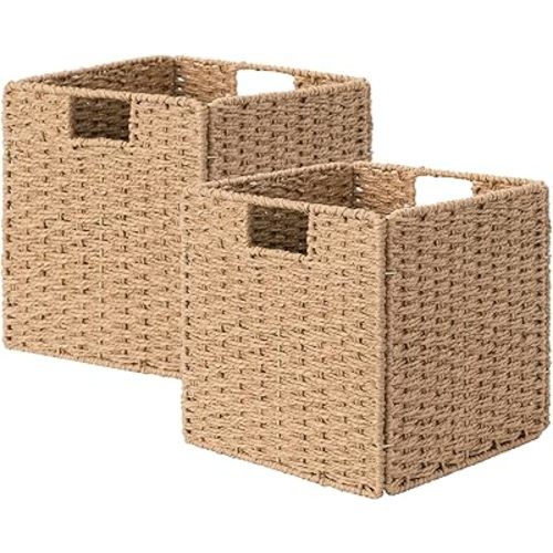 StorageWorks 11 inch Wicker Baskets, Handwoven Storage Cubes with Handles, Foldable Paper Rope Basket for Organizing, Natural, 2 Pack