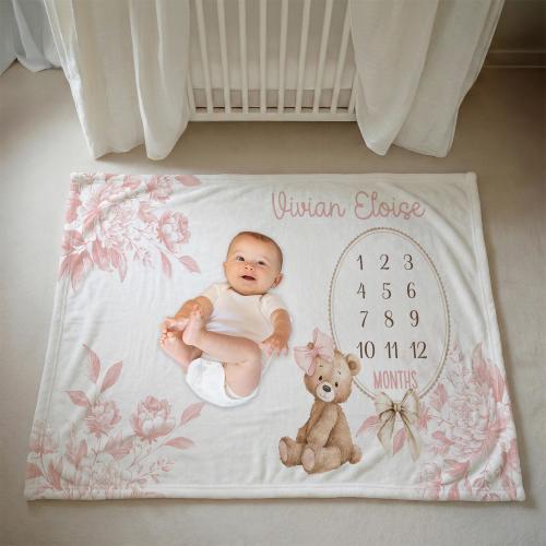 PINK TEDDY BEAR Milestone Blanket, Baby Girl Custom Milestone Blanket, Pink Nursery Baby Girl Gift, First Year Baby Growth Monthly Photos