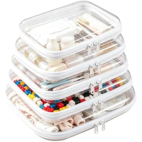 5 Pack Hard Shell Pouches with Double Zipper, Portable Clear Travel Bags