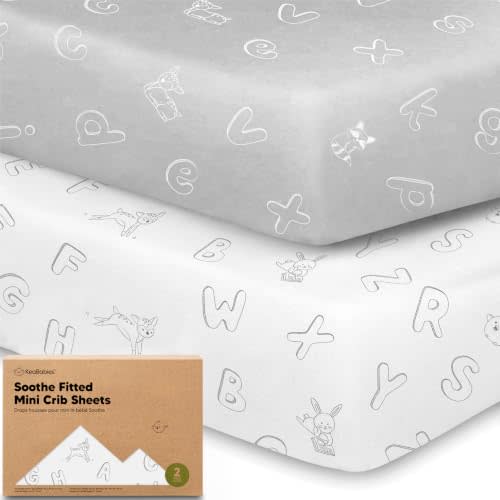 2-Pack Mini Crib Sheets Fitted, 39x27 Pack N Play Mattress Sheet (ABC Land) | Organic Cotton Sheets for Pack and Play Mattress, Soft, Breathable Playard Bedding Sheet, Mini Toddler Bed Cover, Boys, Girls