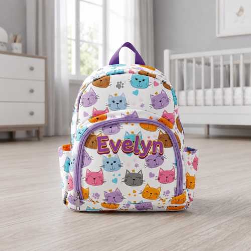 Cat Kids Backpack, Personalized Name Cute Kitten School Bag, Girls Preschool Backpack, Toddler Travel Bag, Children School Bag