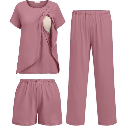 Ekouaer 3 PCS Maternity Nursing Pajamas Set Postpartum Breastfeeding PJS