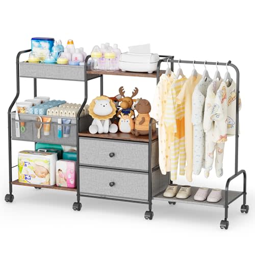 BBLIKE Diaper Caddy Organizer with Hanging Rack - 3 Tier Rolling Utility Cart with Drawers and Dividers for Baby Bottle Storage - Bedside Cart for Changing Station, Crib, Nursery, Bedroom, Gray