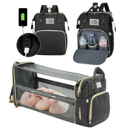 Diaper Bag Backpack with Foldable Changing Station, Large Capacity Baby Diaper Bag with Insulation Milk Bottle Pocket, Multifunction Waterproof Travel Back Pack with USB Charging Port, Black