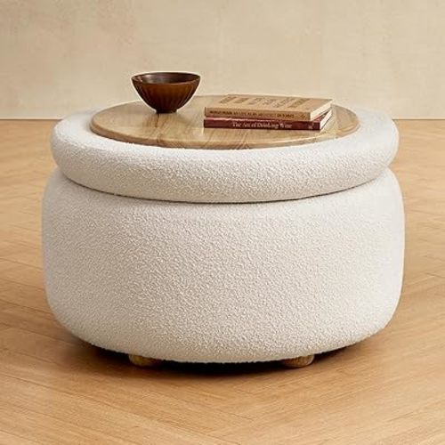 mopio Luna Round Ottoman with Storage and Tray, Round Coffee Table with Storage, Upholstered Foot Stools Ottoman for Living Room, Bedroom, with Solid Rubberwood Legs (Pearl White Performance Boucle)