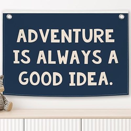 Dark Blue Boys Playroom Banner, Adeventure Is Always A Good Idea Kids Room Decor, Nursery Canvas Flag Wall Hanging Decor Art for Toddler Room Classroom Preschool 20x30in