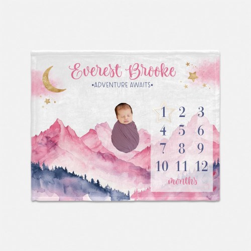 Adventure Awaits Baby Milestone Blanket, Pink Mountains Milestone Blanket, Personalized Baby Blanket, Girl Forest Mountain Blanket M34