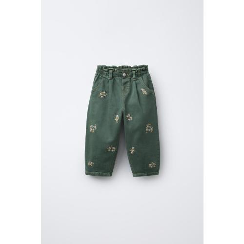 EMBROIDERED FLORAL TWILL BALLOON PANTS - Green | ZARA United States