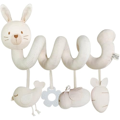 Spiral Plush Animal Hanging Crib Toy, Squeaky Sensory Wind Chime for Newborn 0-6 Months Early Education, Rabbit