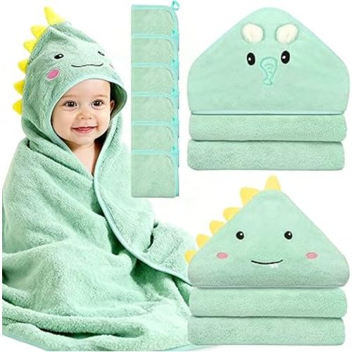 Sublaga 8 Pcs Baby Towel and Washcloths Set, Soft Baby Towels, 2 Pcs 32x32 in Cute Baby Towel with Hood and 6 Pcs Baby Washcloths for Infants, Toddlers and Kids (Green Elephant & Dinosaur)