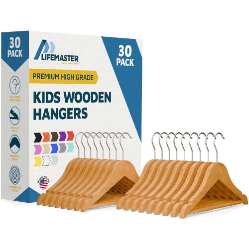 Lifemaster 30-Pack Natural Wooden Kids Hangers, 11.8" Toddler & Baby Hangers with 360° Swivel Hook, Pants Bar & Notches, Space-Saving Design, Ages 0–8