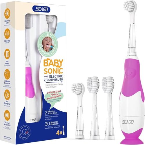 SEAGO Toddler Electric Toothbrushes for Baby Ages 0-3 Years, Baby Toothbrush with Smart Timer and Suction Base, 4 Replacement Brush Heads SG-513(Pink-C)