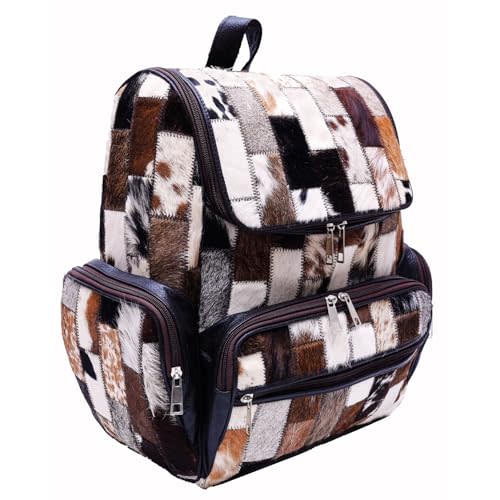 CHAYELL Real Cowhide Backpack for Women Men - Patchwork Hair-On Genuine Full Grain Leather Backpack Laptop Sleeve, 5 Pockets Spacious, Compartment & Sturdy Zippers - Individual Style Cowboy Diaper Bag