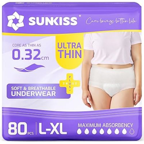 SUNKISS Ultra Thin Incontinence Underwear for Women, High Absorbency & Super Soft Postpartum Diapers, Disposable Adult Pull Ups, Large/XLarge, 80 Count