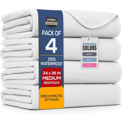 Bedding Washable Pads 34" x 52" (Pack of 4), Waterproof Reusable Heavy Absorbency Pads (White)