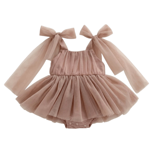 Dusty Pink Tulle Bow Baby Bodysuit Dress | Petit Hollow