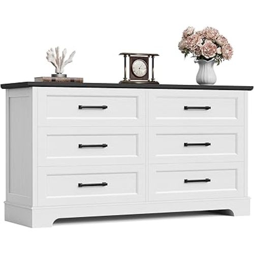 Furmax Farmhouse Dresser for Bedroom, 6 Drawers Dresser, Wood Chest of Drawers, 52" Wide Storage Dressers Organizer for Bedroom, Living Room, White and Black