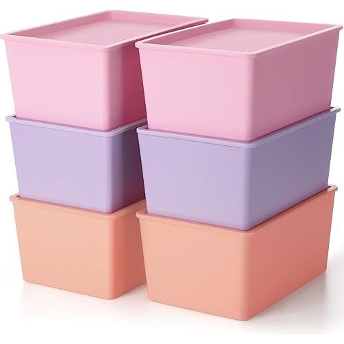 6 Pcs Storage Bins with Lids Small Plastic Storage Containers Stackable Storing Baskets Box for Organizing Shelves (Pink,Purple,Orange)