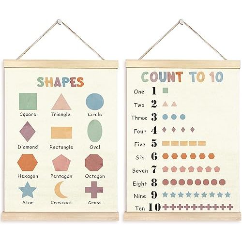 TAEDIN Numbers Shapes Wall Art Poster Hanger Frame Set of 2 - Nursery Kids Playroom Wall Decor with Wood Frames, Educational Flag Decor for Toddler Playroom Nursery, 12x16 Inches