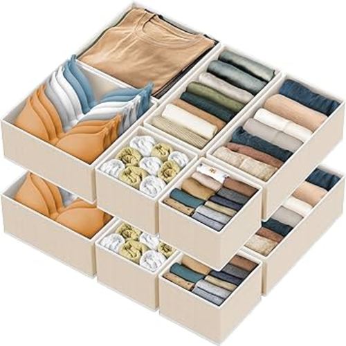 Simple Houseware Foldable Drawer Organizer Set of 12, Beige – Fabric Storage Bins for Clothes, Underwear, Bra, Panty, Socks, Onesies – Closet & Dresser Drawer Dividers for Home Organization