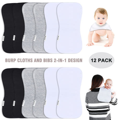 Burp Cloths & Baby Bibs 2-In-1 Large Size 3 Layers Thicken 100% Cotton Super Soft Absorbent for Teething and Drooling Baby Spit Up Burping Rags Set for Boys and Girls Infant Newborn 12-Pack