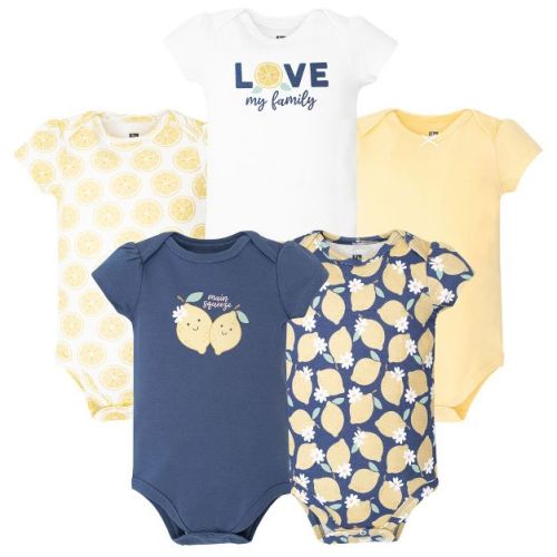 Hudson Baby Infant Girls Cotton Bodysuits 5-Pack, Main Squeeze Lemon, 3-6 Months