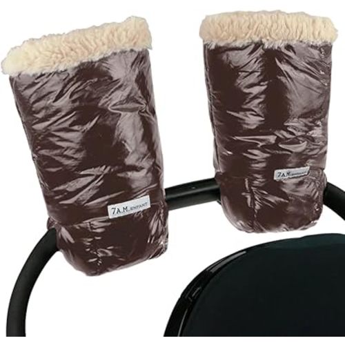 7AM Enfant Stroller Warmmuffs Gloves in Brown Polar - Anti-Freeze Stroller Mittens for Handlebars, Water Repellent Hand Warmer Muff for Cold Weather, Plush Lined Stroller Warmmuffs | Winter Stroller Accessories